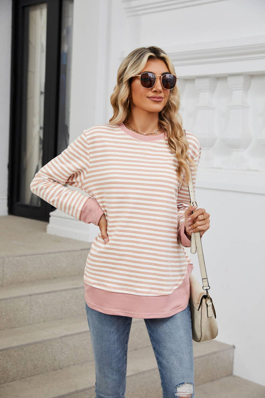 Crew-neck striped long-sleeved hoodie