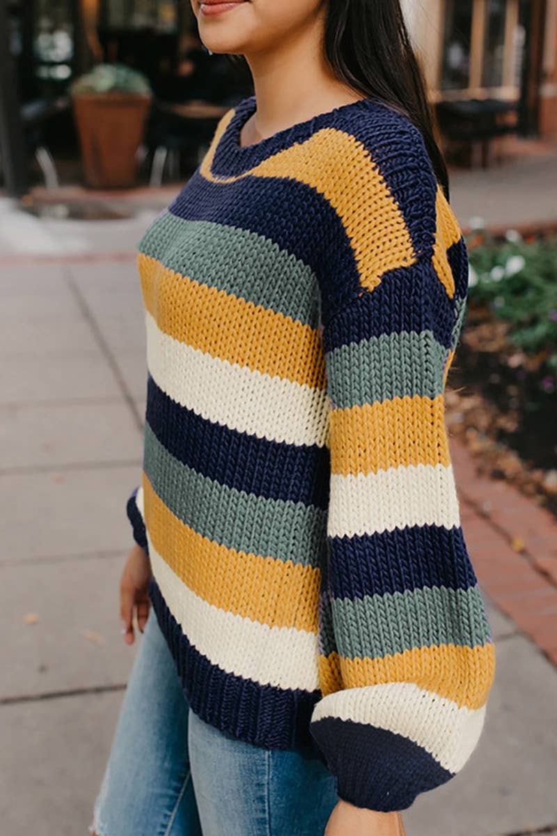 COLOR-CONTRAST STRIPED OFF-SHOULDER SWEATER