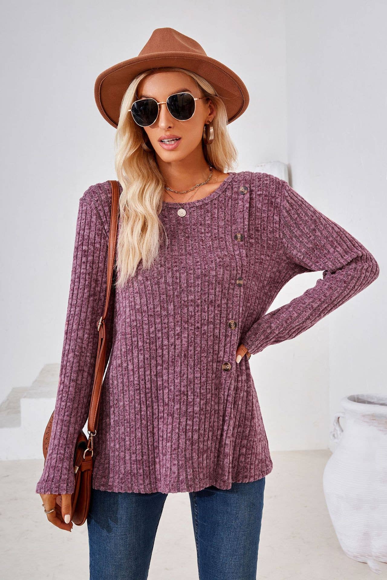 CREW-NECK BUTTON-UP LONG-SLEEVED LOOSE T-SHIRT