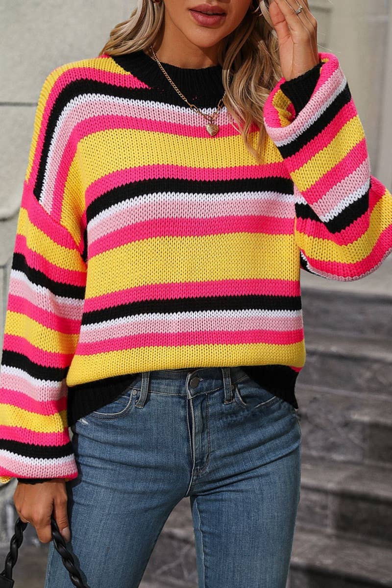 CWOSWL6487_FALL LONG-SLEEVED PATCHWORK STRIPED SWEATER