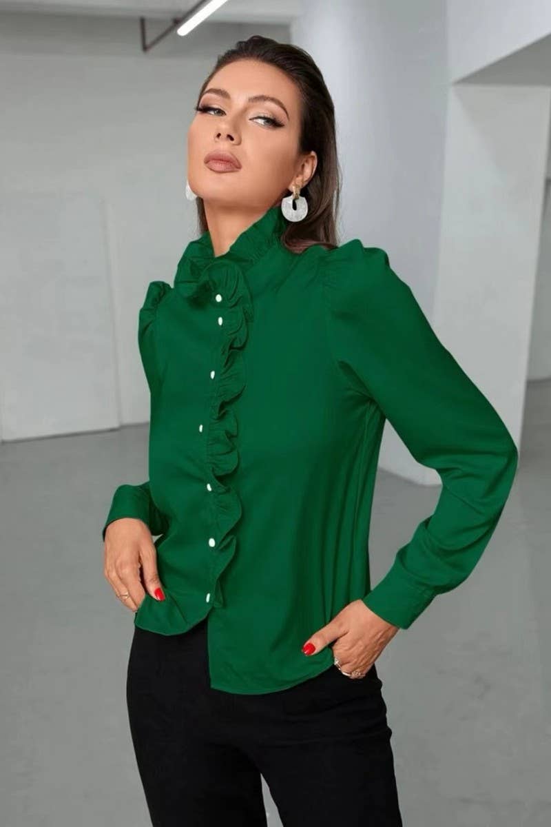 CWTBLS2041_SOLID COLOR RUFFLED LONG SLEEVE BLOUSE