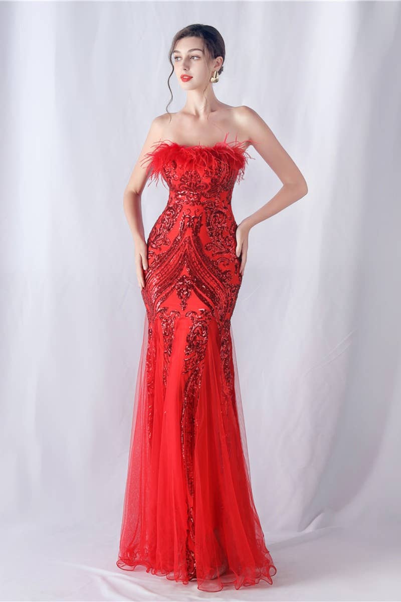 CWDMD3628_FURRY STRAPLESS SEQUIN EVENING DRESS LONG