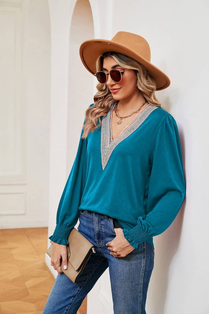 CWTBLL2395_V-NECK LACE RUFFLE SLEEVES LOOSE CASUAL TOP