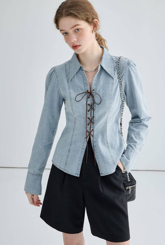 Cross-tied spicy girl style denim shirt