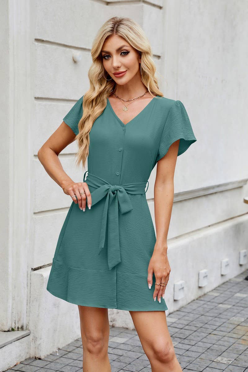 CWDSD8713_V-NECK BELTED BUTTON FRONT SHORT SLEEVE DRESS