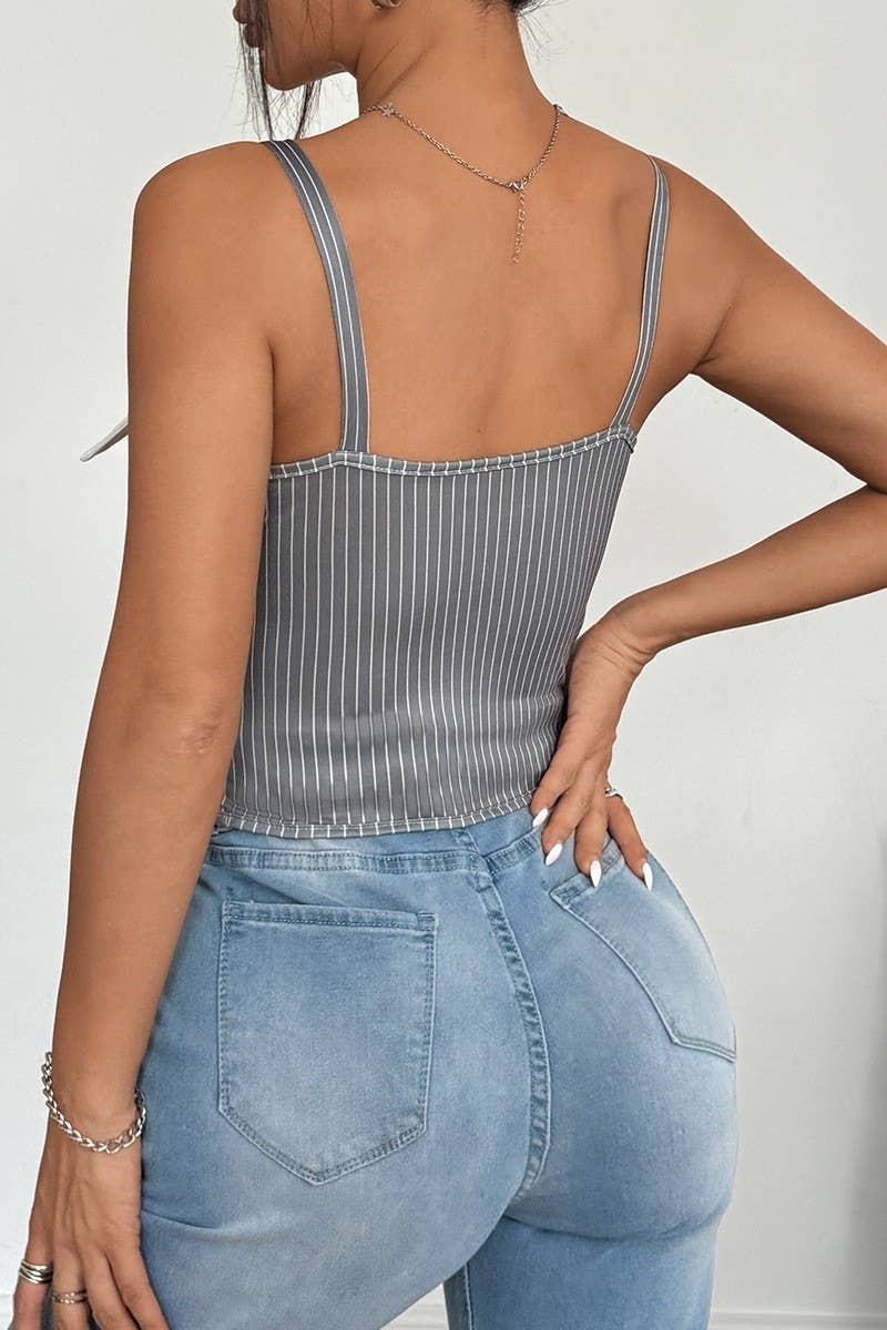 CWTHT0178_STRIPED LACE-UP LOW-CUT HERRINGBONE CAMISOLE TOP