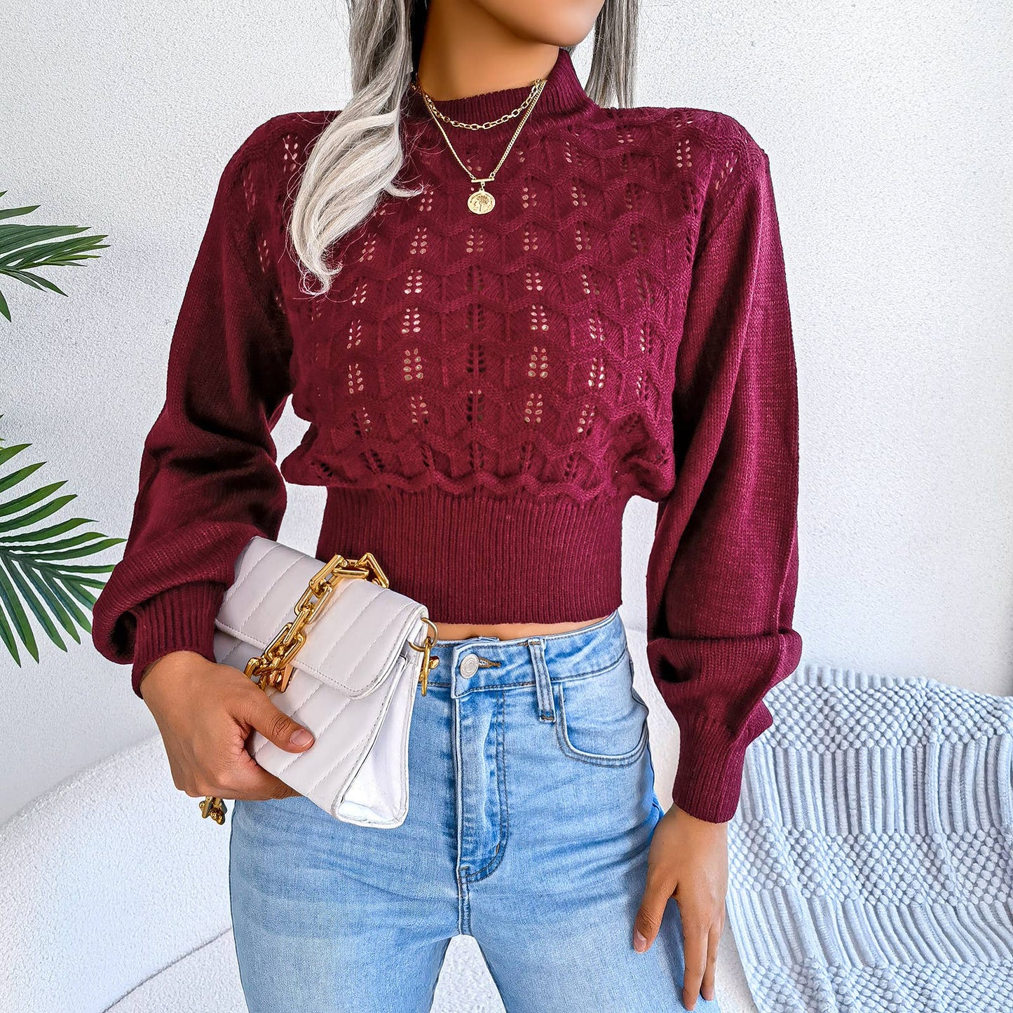 CUT-OUT STRIPED LANTERN SLEEVE CROP KNIT SWEATER