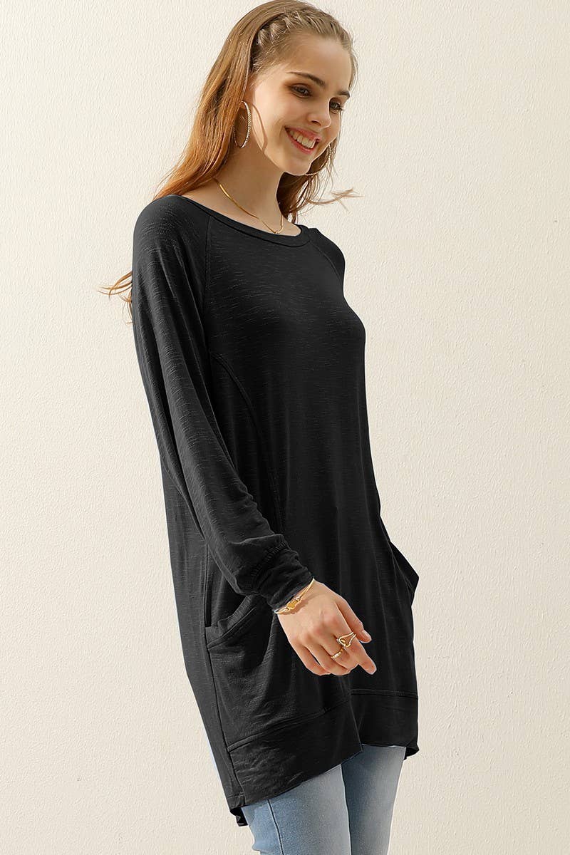 CWTTL1491_R NECK LONG SLEEVE SLUB LONG KNIT TOP WITH POCKETS