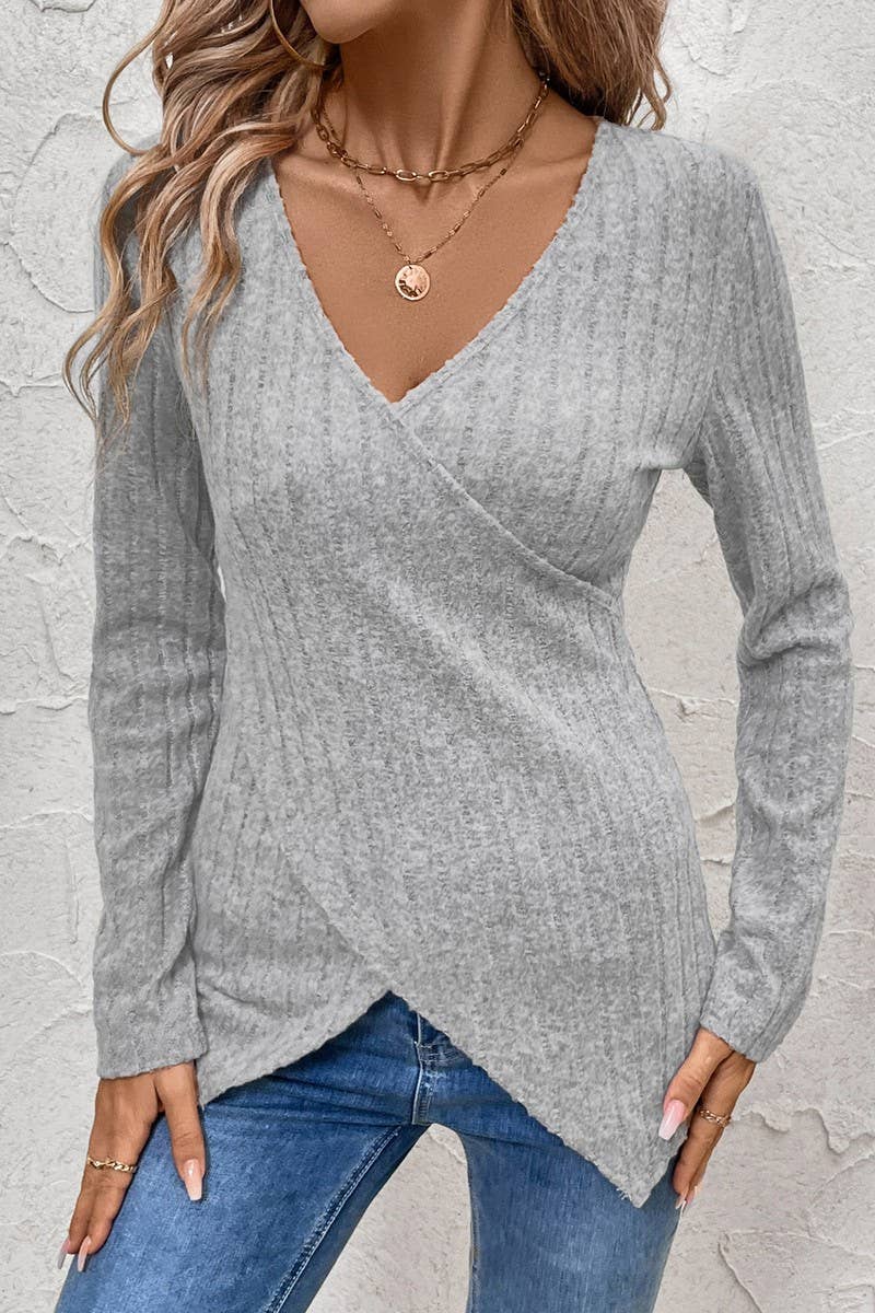 CWTBLL1759_SOLID COLOR STRIPED BRUSHED V-NECK T-SHIRT TOP