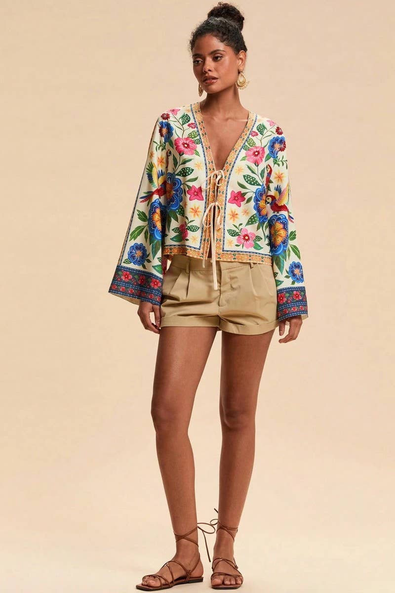CWTBLL00636_CASUAL PRINTED TIE FRONT VACATION CARDIGAN TOP