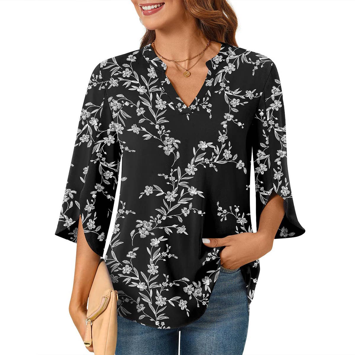 CASUAL LOOSE V-NECK MID-SLEEVE T-SHIRT