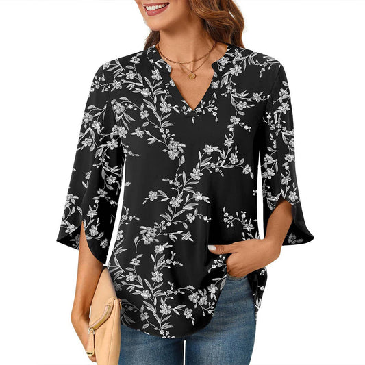 CASUAL LOOSE V-NECK MID-SLEEVE T-SHIRT
