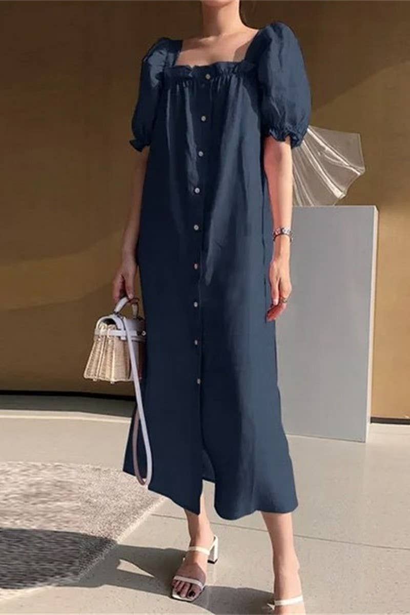 CWDMD3167_SQUARE NECK PUFF SLEEVE BUTTON PLEATED DRESS