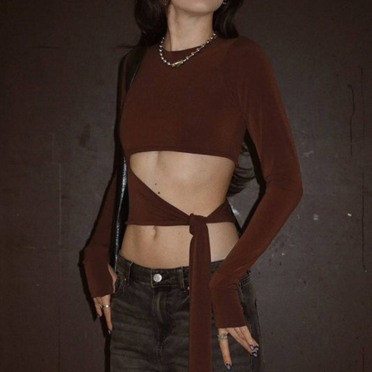 Fashionable long-sleeved round-neck lace-up top