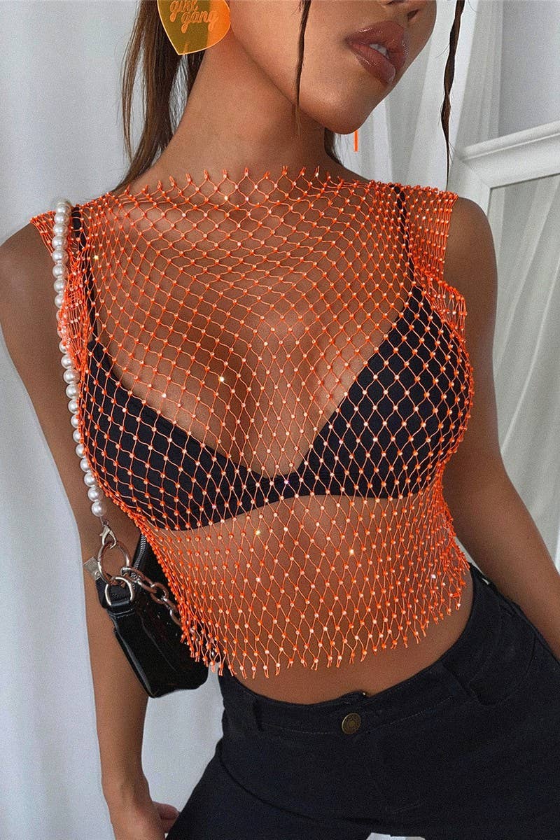 CWTTSL0401_SUMMER RHINESTONE GRID SPARKLING DIAMOND T-SHIRT