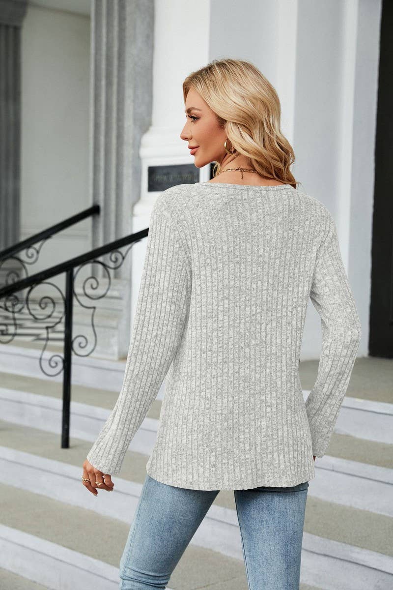 CWTBLL2408_ROUND NECK BUTTON SLIT LOOSE LONG SLEEVE TOP