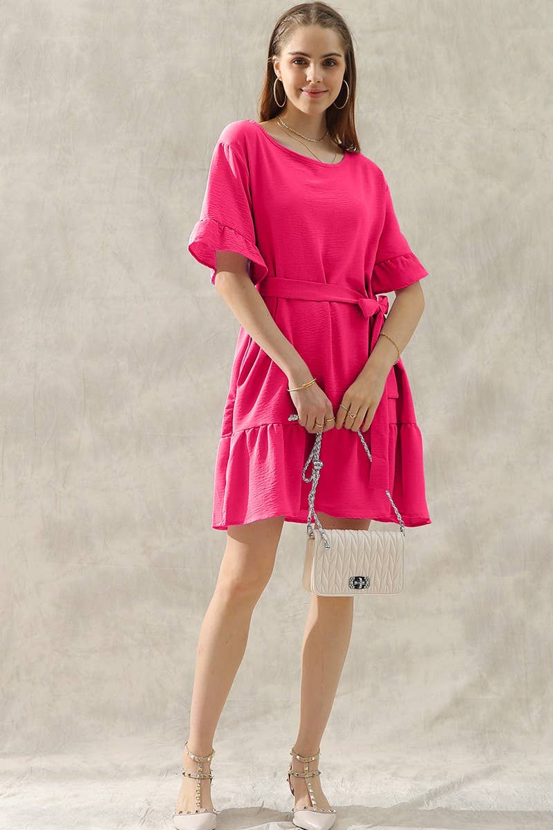 CWDSD10405_WAIST BOW TIE MIDI RUFFLE SHORT MIDI DRESS