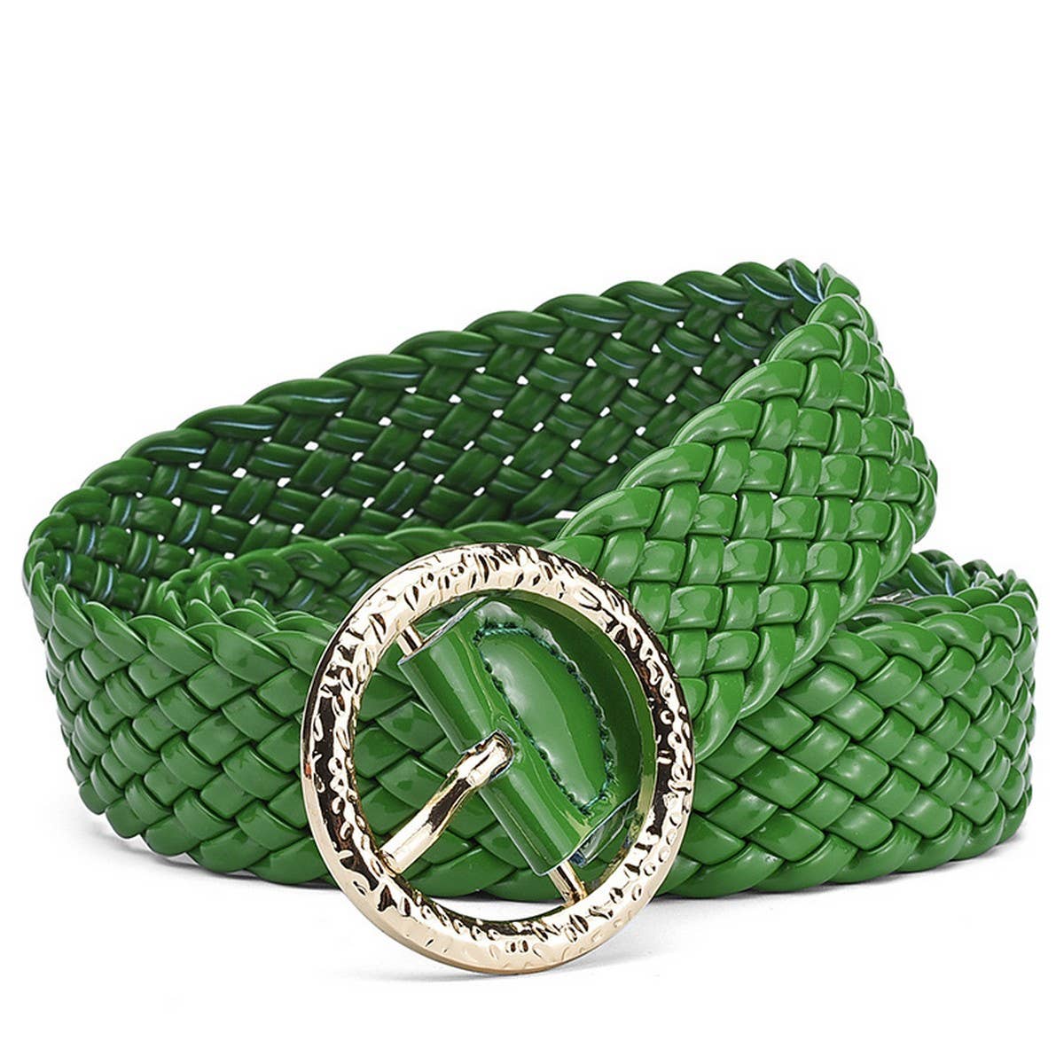 METAL ROUND BUCKLE PATENT LEATHER BRAIDED WIDE BELT