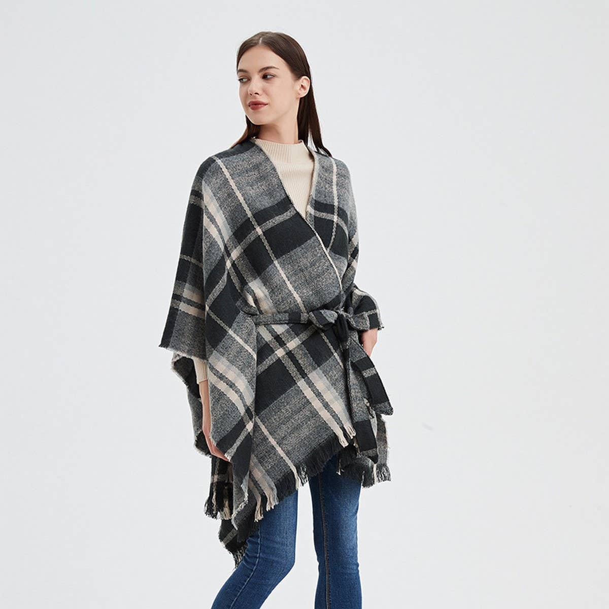 BLACK AND WHITE LINE CARDIGAN SHAWL CLOAK_CWASC0264