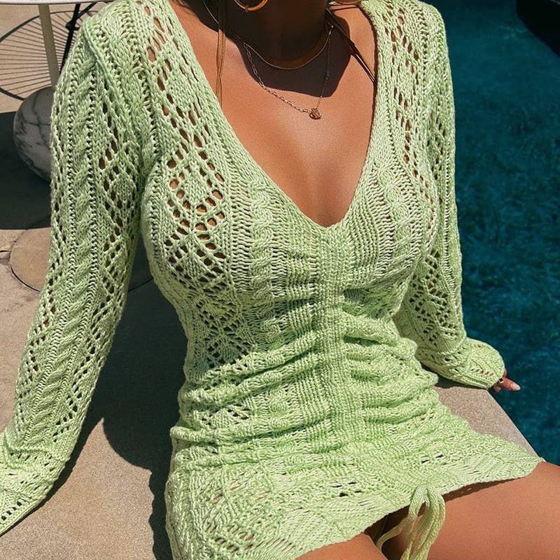 DEEP V CROCHET CUTOUT LONG-SLEEVED KNIT DRESS