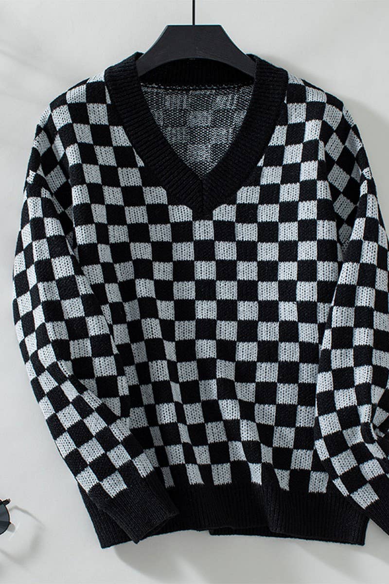 CWOSWL2840_V-NECK CASUAL PULLOVER PLAID KNITTED SWEATER