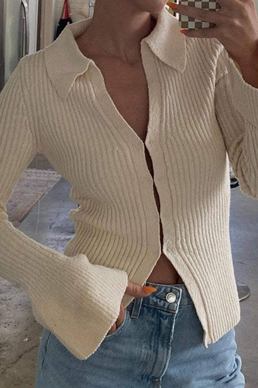 CWOCAL2219_SOLID COLOR LAPEL BELL SLEEVE KNITTED CARDIGAN