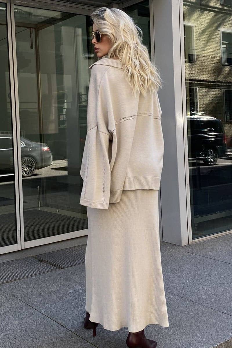 CWSS0750_KNITTED V-NECK LONG SLEEVE SWEATER SKIRT SET