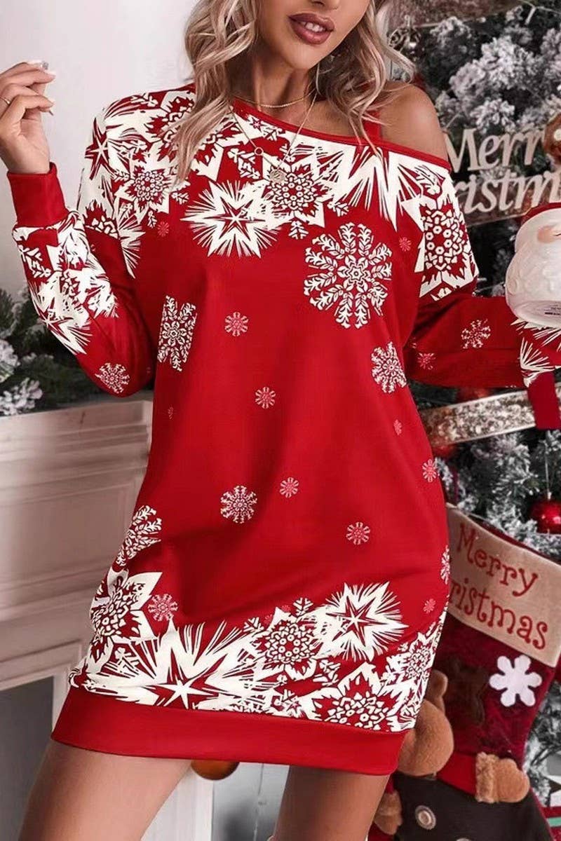 CWDSD10877_CHRISTMAS SNOWFLAKE OFF SHOULDER DRESS