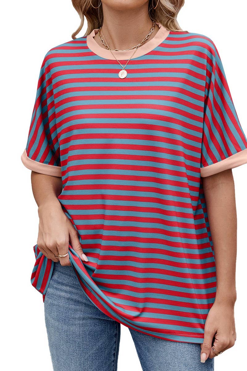 CWTTS1343_SUMMER STRIPED CONTRAST LOOSE SHORT SLEEVES