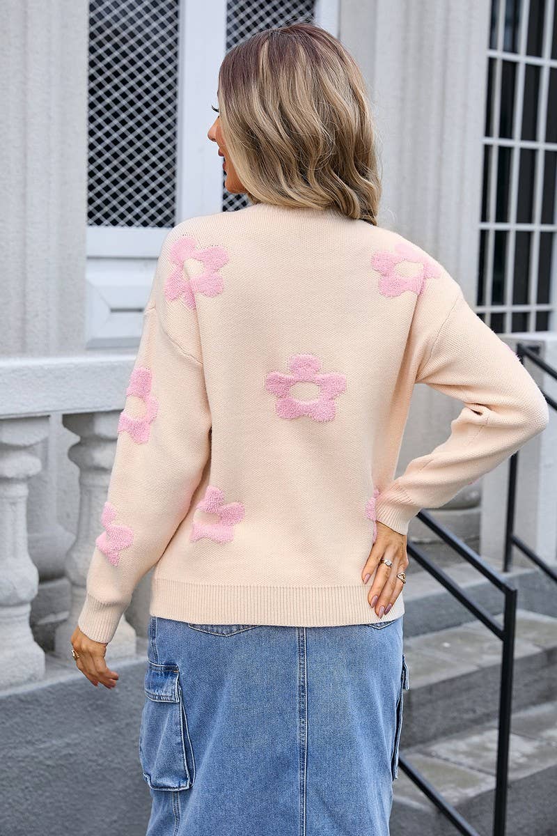 CWOSWL3110_FLORAL ROUND NECK PULLOVER LONG SLEEVE KNIT TOP