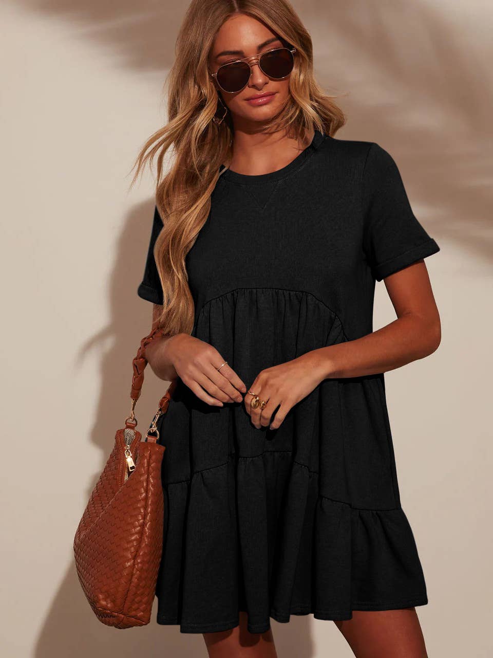Casual round neck short sleeve pleated dress