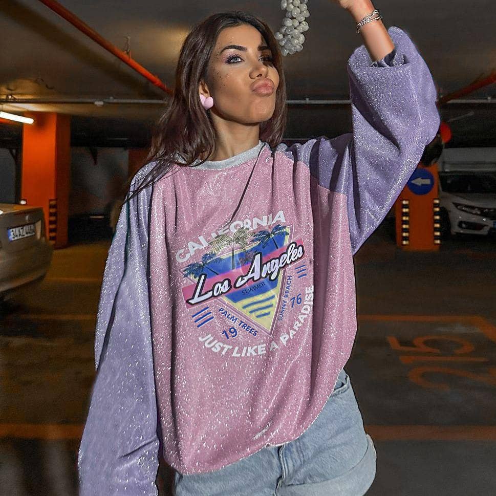 All-in-one glitter color matching printed long-sleeve hoodie