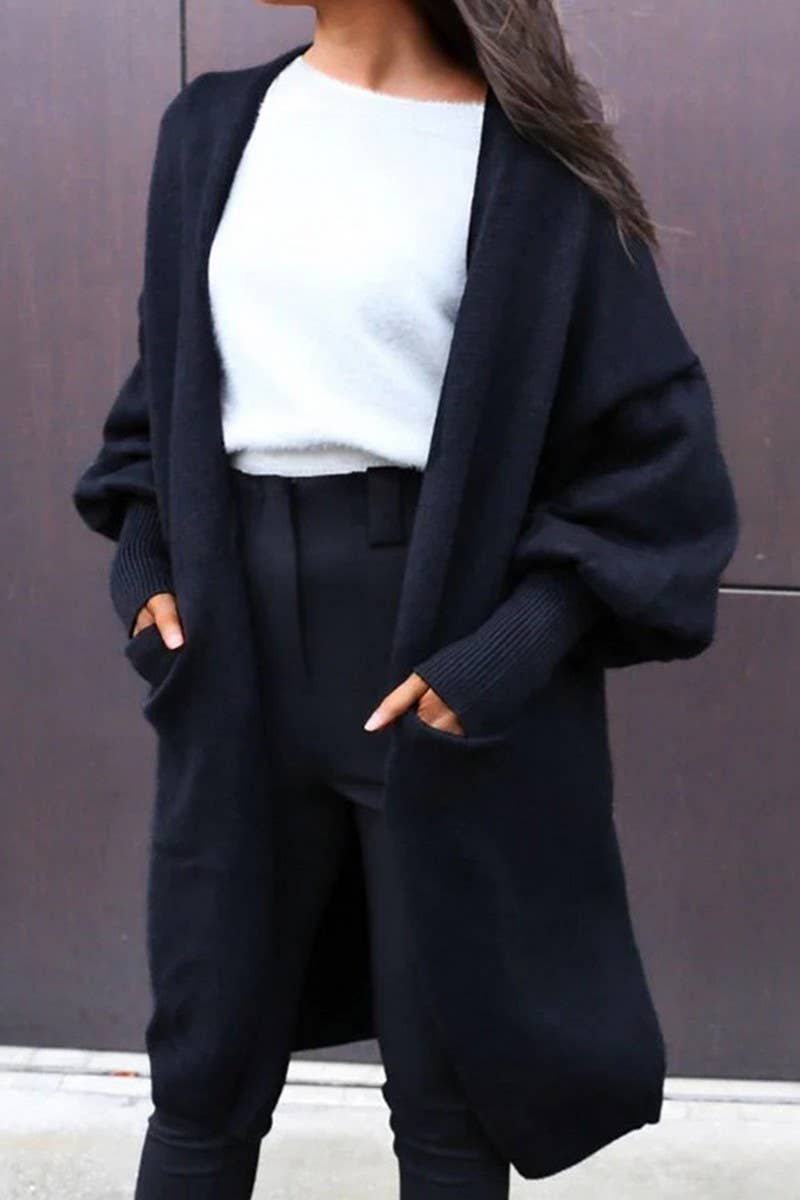 CWOCAL0821_PUFF SLEEVE  BUTTONLESS KNITTED CARDIGAN SWEATER