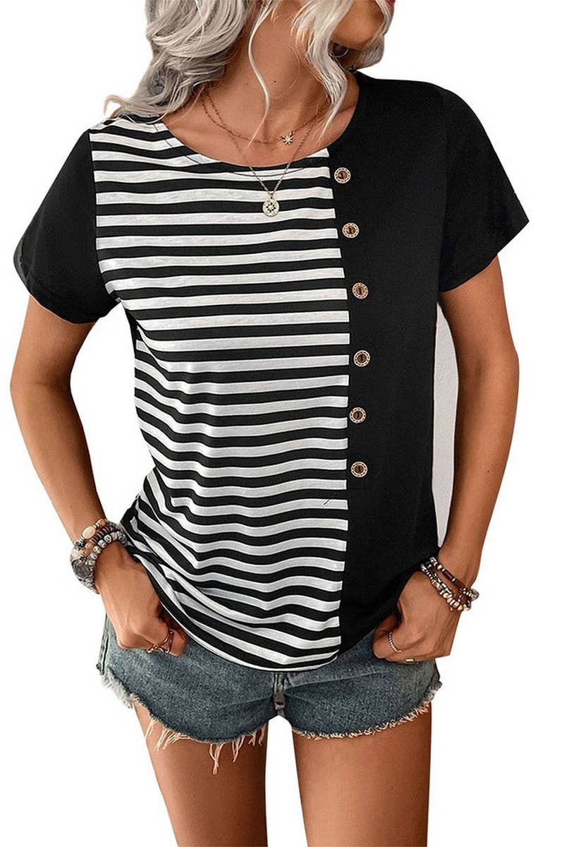 CWTTL1707_STRIPED PATCHWORK SHORT-SLEEVED T-SHIRT