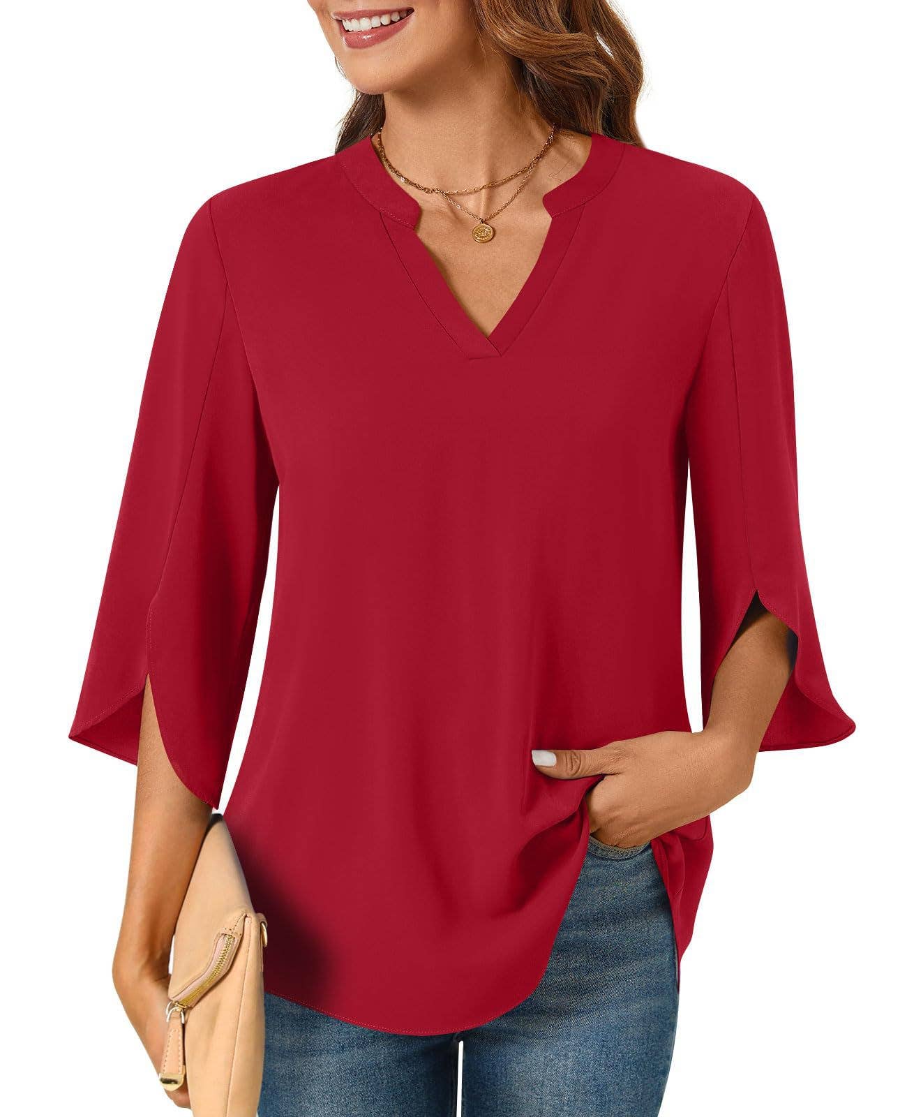 CASUAL LOOSE V-NECK MID-SLEEVE T-SHIRT