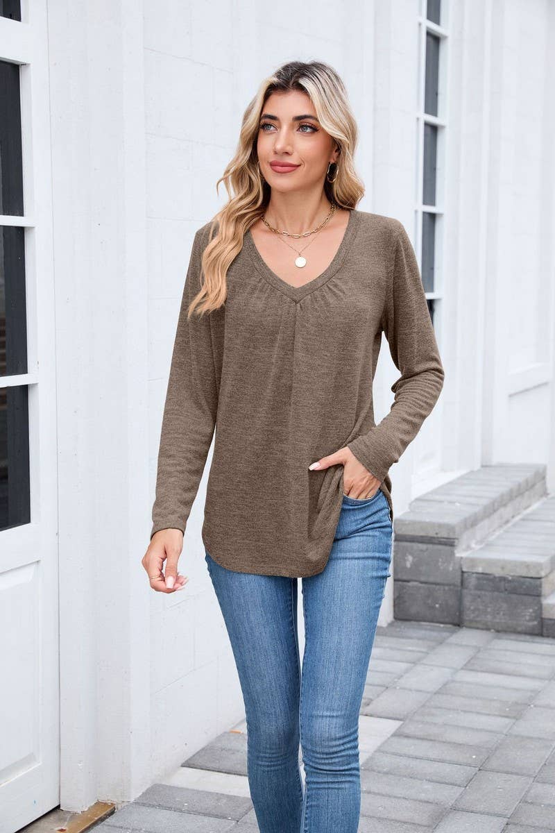 CWTBLL01303_V NECK RUCHED LONG SLEEVE CASUAL LOOSE TEE