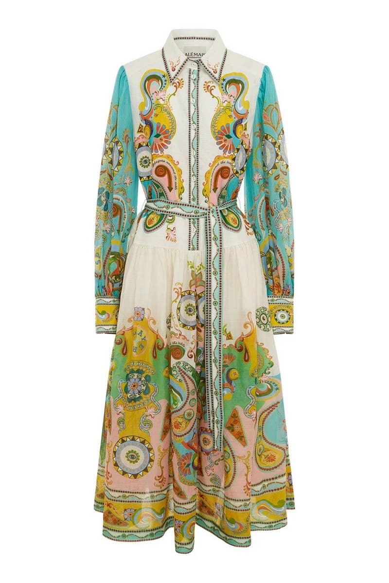 CWDMD5727FASHIONABLE LONG-SLEEVED PUFF SLEEVES TIE-UP DRESS