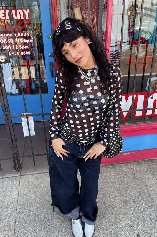 CWTBLL3959_CREW NECK LONG SLEEVE POLKA DOT MESH SHEER TOP