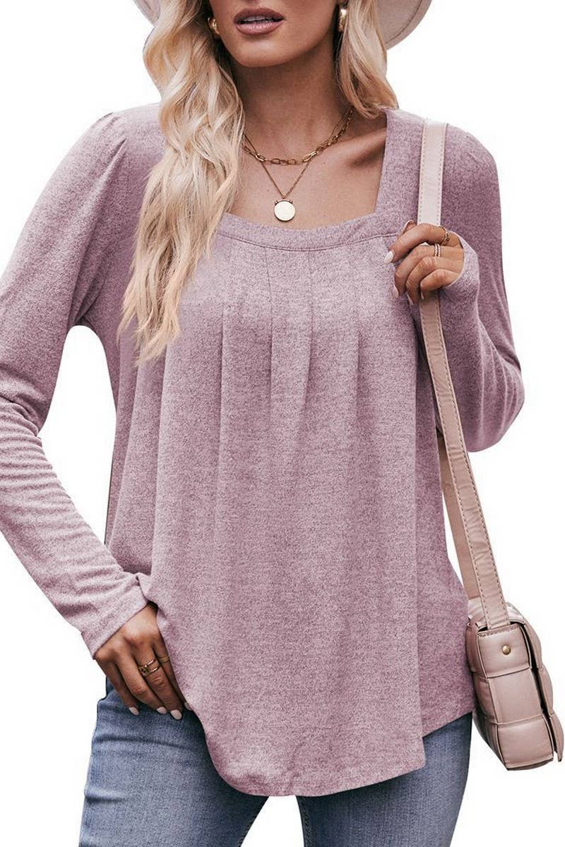 CWTBLL1836_PUFF SLEEVE SQUARE NECK PLEATED LONG SLEEVE TOP