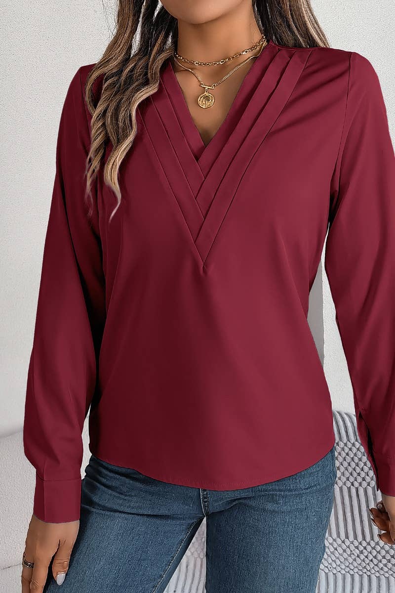 CWTBLL2646_AUTUMN SOLID COLOR V-NECK LONG SLEEVE SHIRT TOP