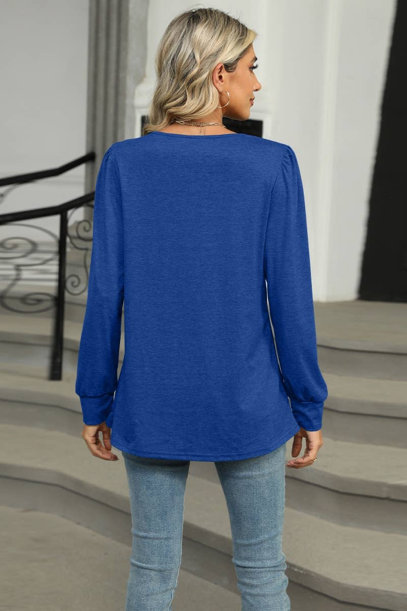 CWTBLL2937_FALL CREW-NECK PLEATED LONG-SLEEVED TOP