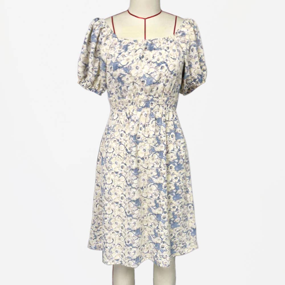 Crew neck print slim-fit dress with puffy sleeves