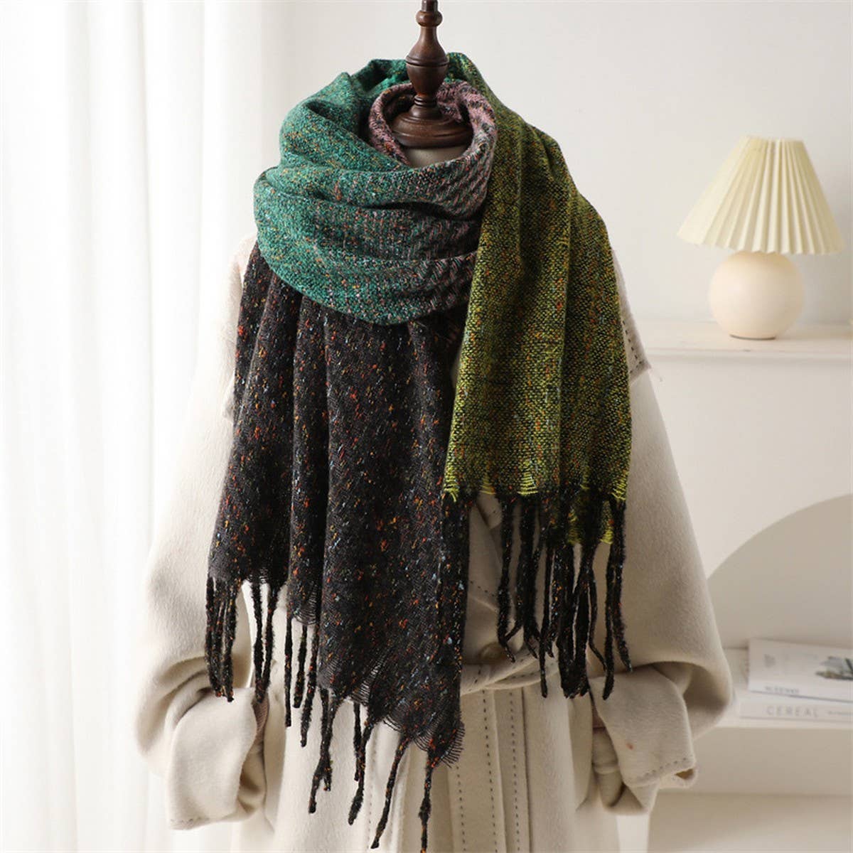 Geometric Colorblock Gradient Scarf with Tassel