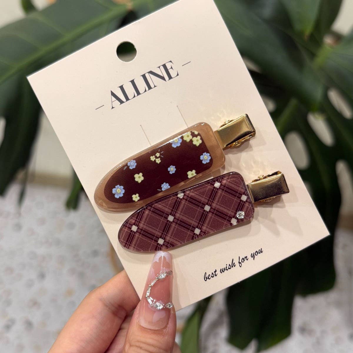 CWAHA4452_FLORAL CHECKERED ALL-MATCH CUTE SEAMLESS HAIRPIN