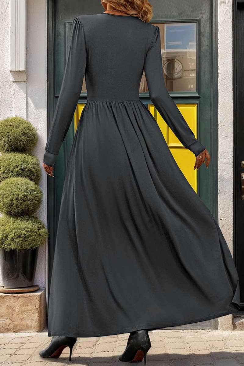 CWDMD3054_SOLID COLOR V-NECK SLIT SLIM LONG SLEEVE DRESS