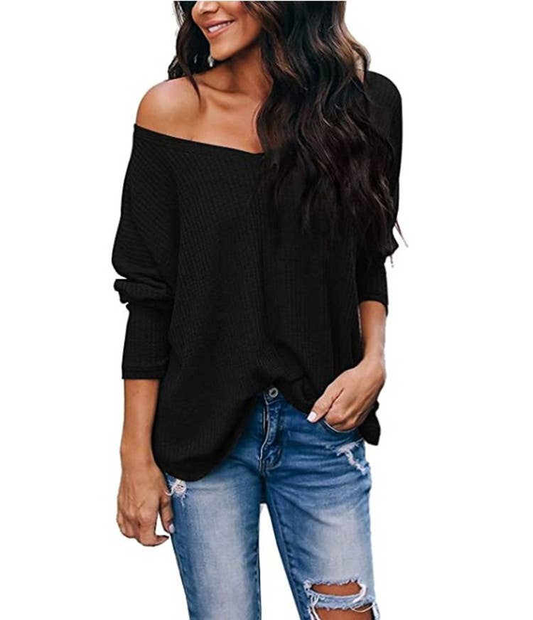 CWTTL1205_V-neck Long Sleeved Loose Knit Top
