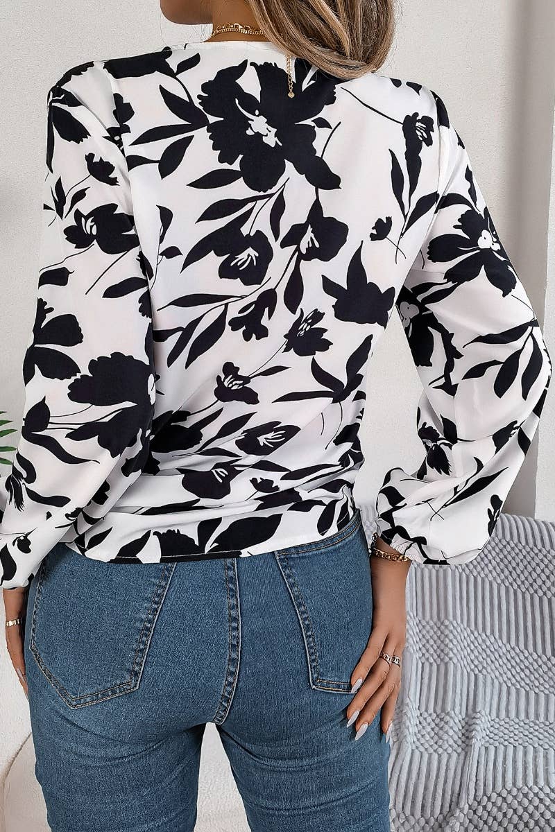 CWTDSL0117_V-NECK FLORAL LONG-SLEEVED LACE-UP TOP