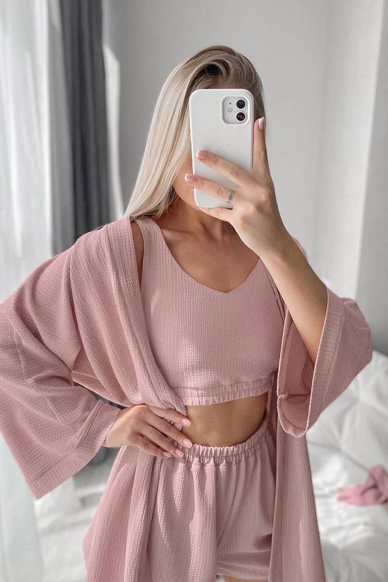 CWSPJ0404_SOLID COLOR KNITTED PAJAMAS THREE-PIECE SET