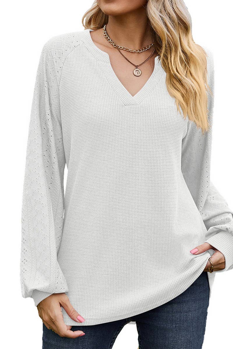 CWTBLL01313_V NECK WAFFLE KNIT SOLID LONG SLEEVE LOOSE TEE