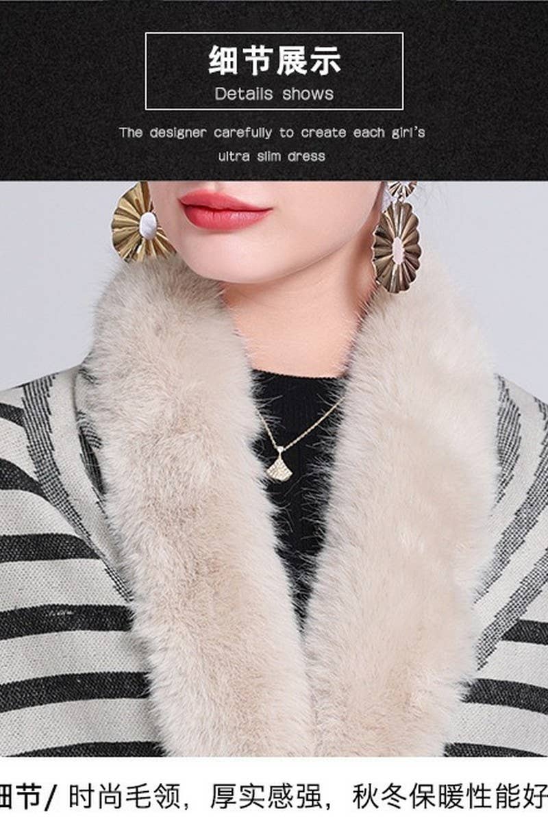 CWOCAL0971_STRIPED FRINGED KNITTED CAPE CARDIGAN